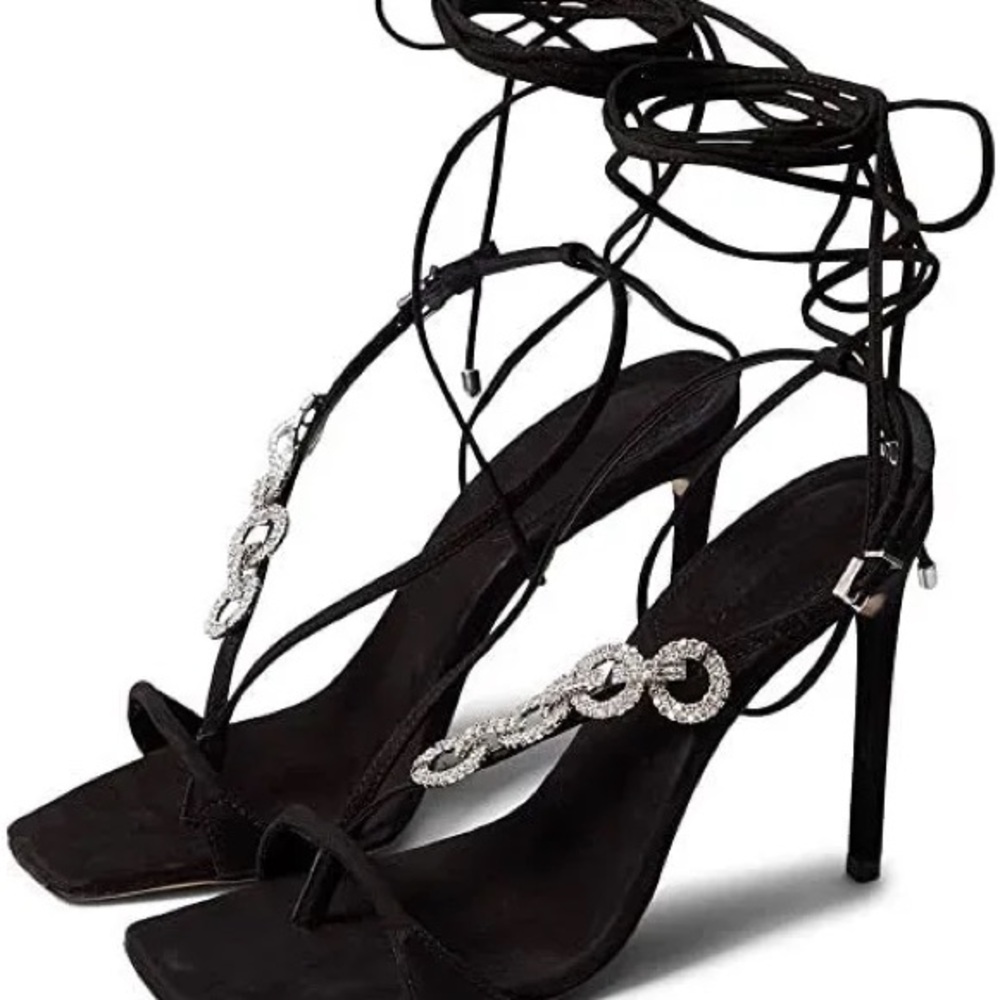Women SCHUTZ Vikki Glam Black Lace-Up Heels with Silver Accents